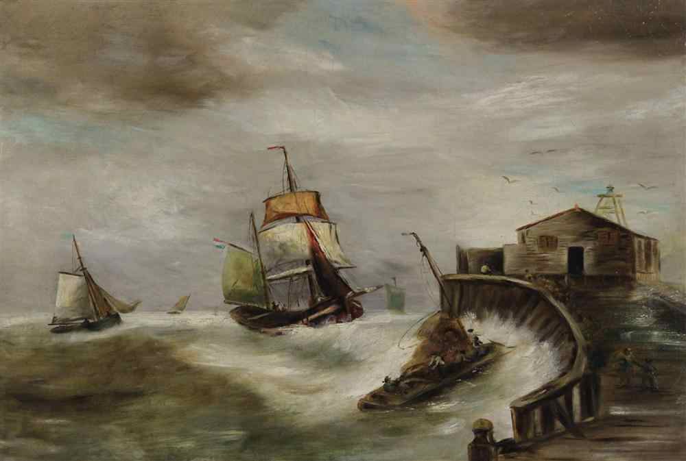 Appraisal: TH- TH CENTURY HARBOR AND SHIPS Oil on canvas x