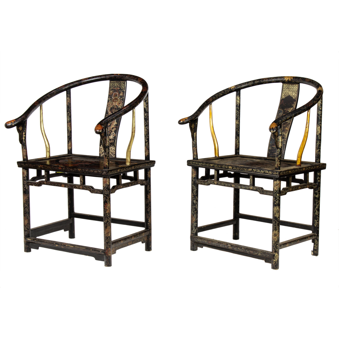 Appraisal: PAIR OF CHINESE LACQUERED HORSE-SHOE BACK ARMCHAIRS Pair of Chinese