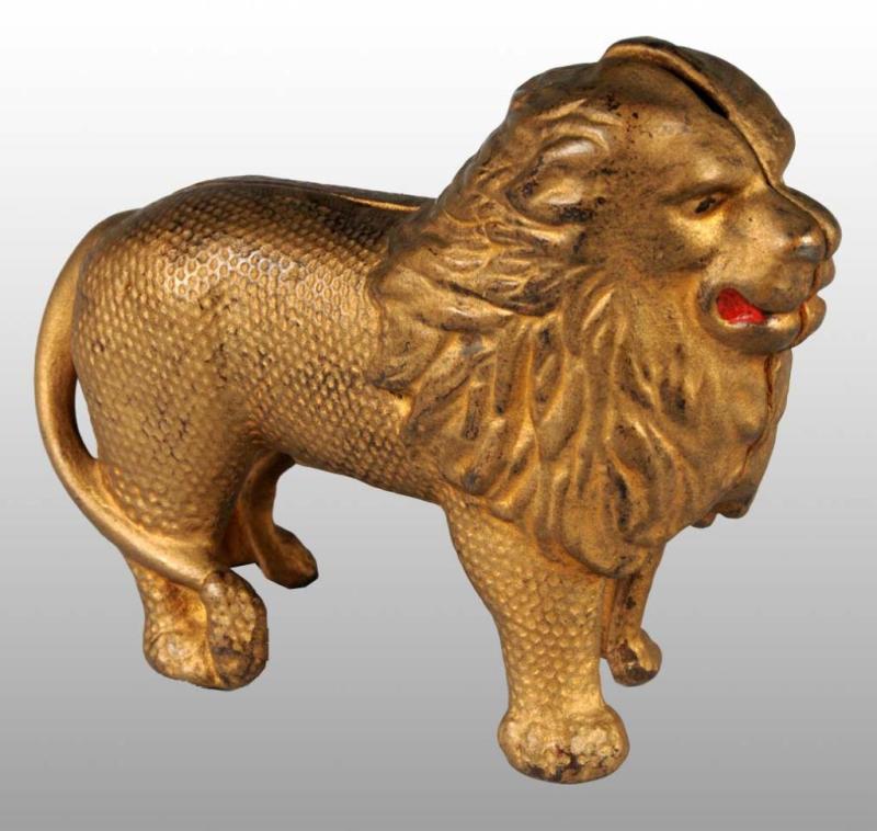 Appraisal: Cast Iron Quilted Lion Still Bank Description Manufactured in the