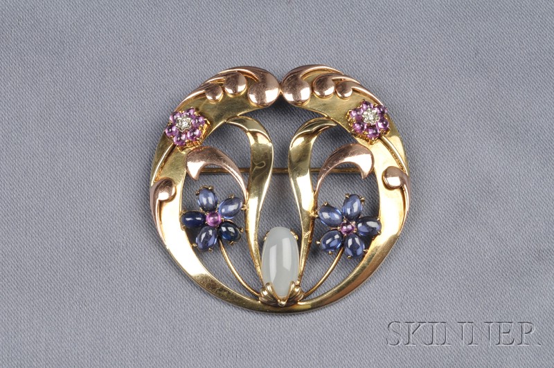 Appraisal: Retro kt Bicolor Gold and Gem-set Brooch with pink and