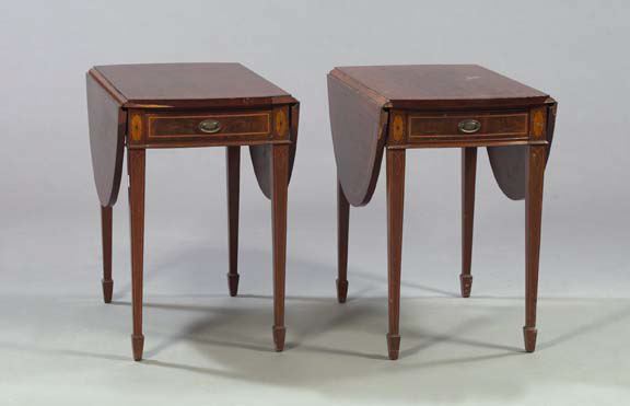 Appraisal: Pair of Hepplewhite-Style Mahogany and String-Inlaid Drop-Leaf Tables mid- th