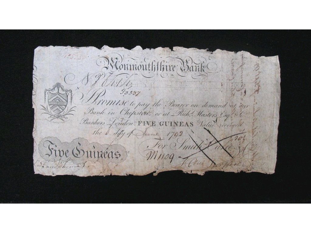 Appraisal: A MONMOUTHSHIRE FIVE GUINEA WHITE BANK NOTE dated the th