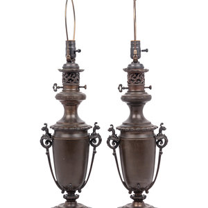 Appraisal: A Pair of French Neoclassical Bronze Fluid Lamps Converted to