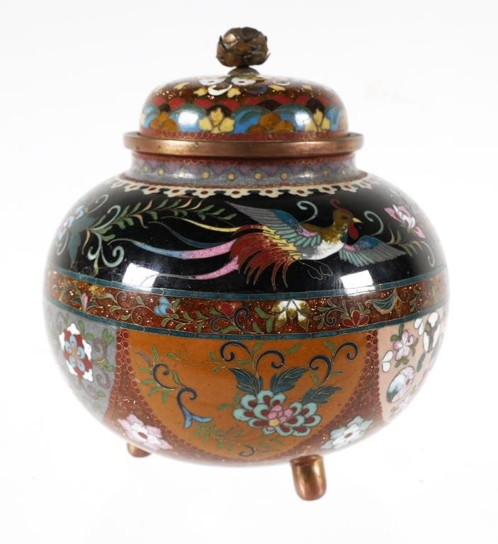 Appraisal: Japanese cloisonne covered jar bird and floral motifs on tripod