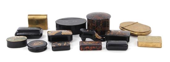 Appraisal: English snuff and tobacco boxes th century comprising papier-mache metal