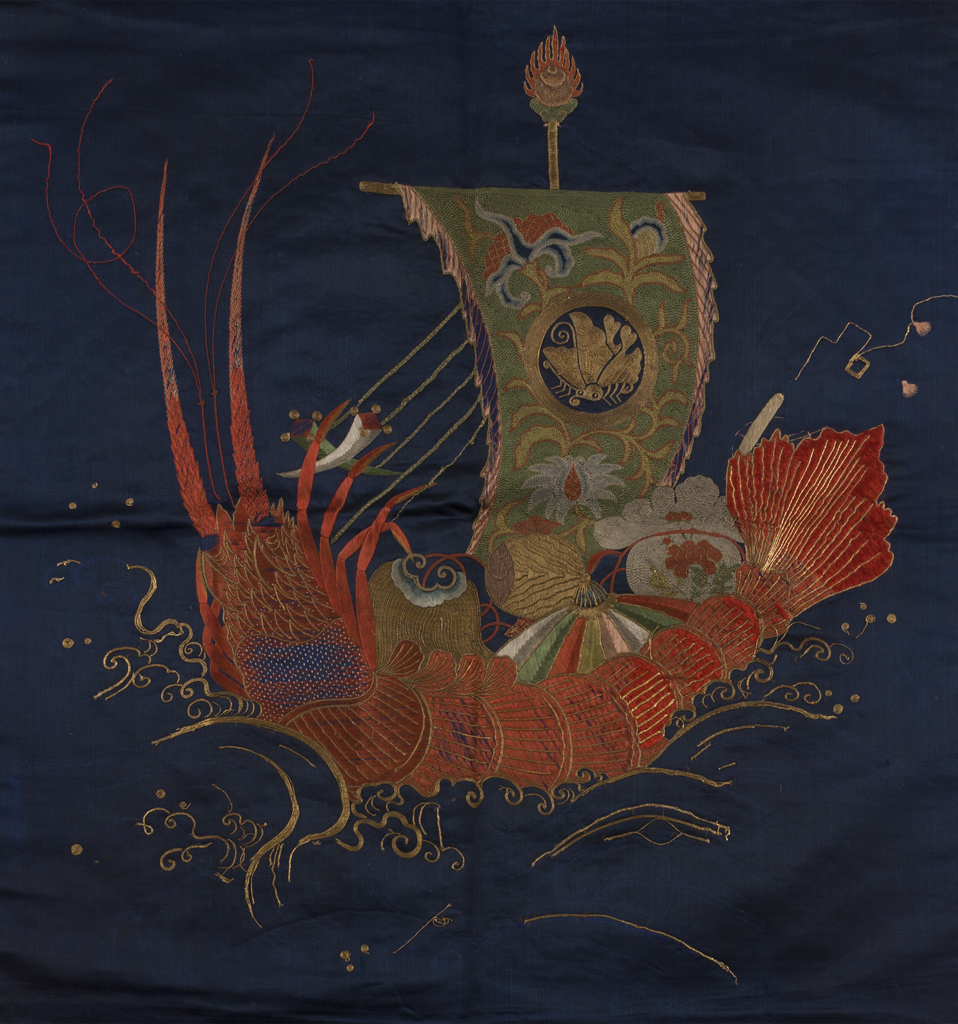 Appraisal: TWO MIDNIGHT BLUE GROUND EMBROIDERED SILK PANELS MEIJI PERIOD one