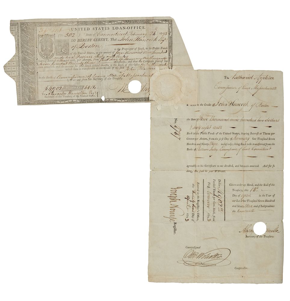 Appraisal: HANCOCK John - Partly-printed United States Loan-Office Transfer Certificate issued