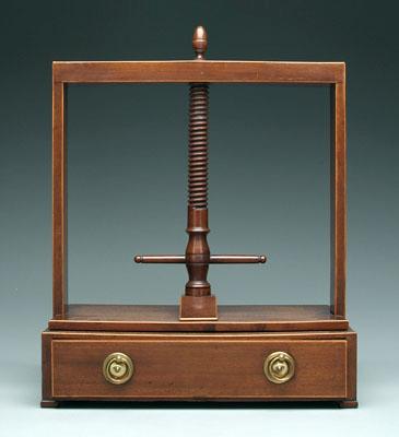 Appraisal: Mahogany book press threaded wooden press with acorn finial above