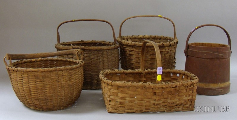 Appraisal: Four Woven Splint Handled Baskets and a Red-painted Wooden Firkin