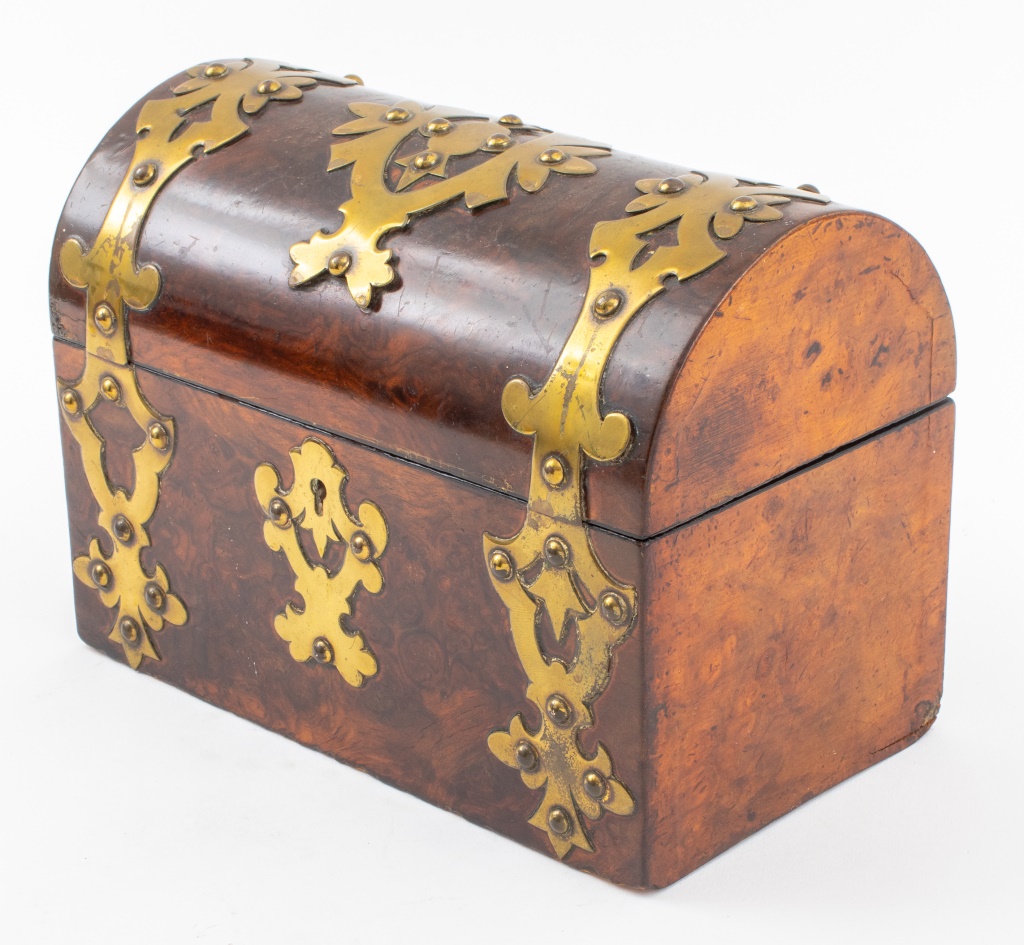 Appraisal: BRITISH BRASS MOUNTED WALNUT TEA CADDY British burled walnut wood