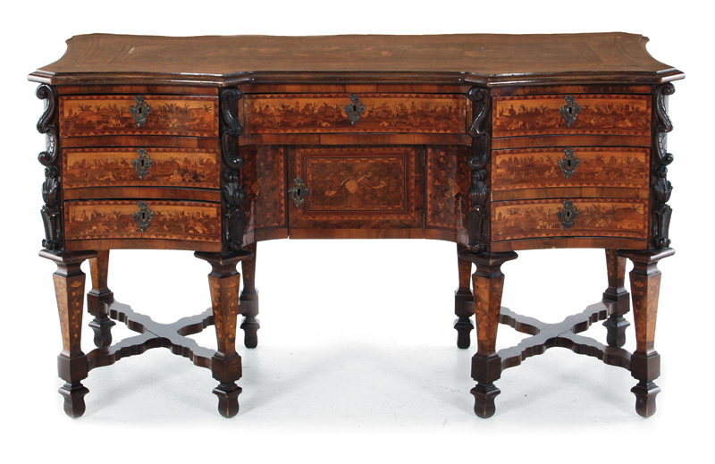 Appraisal: Continental marquetry-inlaid desk circa figural inlaid serpentine top above drawers