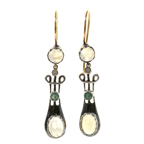 Appraisal: A pair of emerald moonstone gold and silver pendant earrings