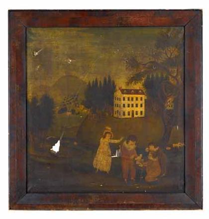 Appraisal: American School th century landscape with yellow house and children