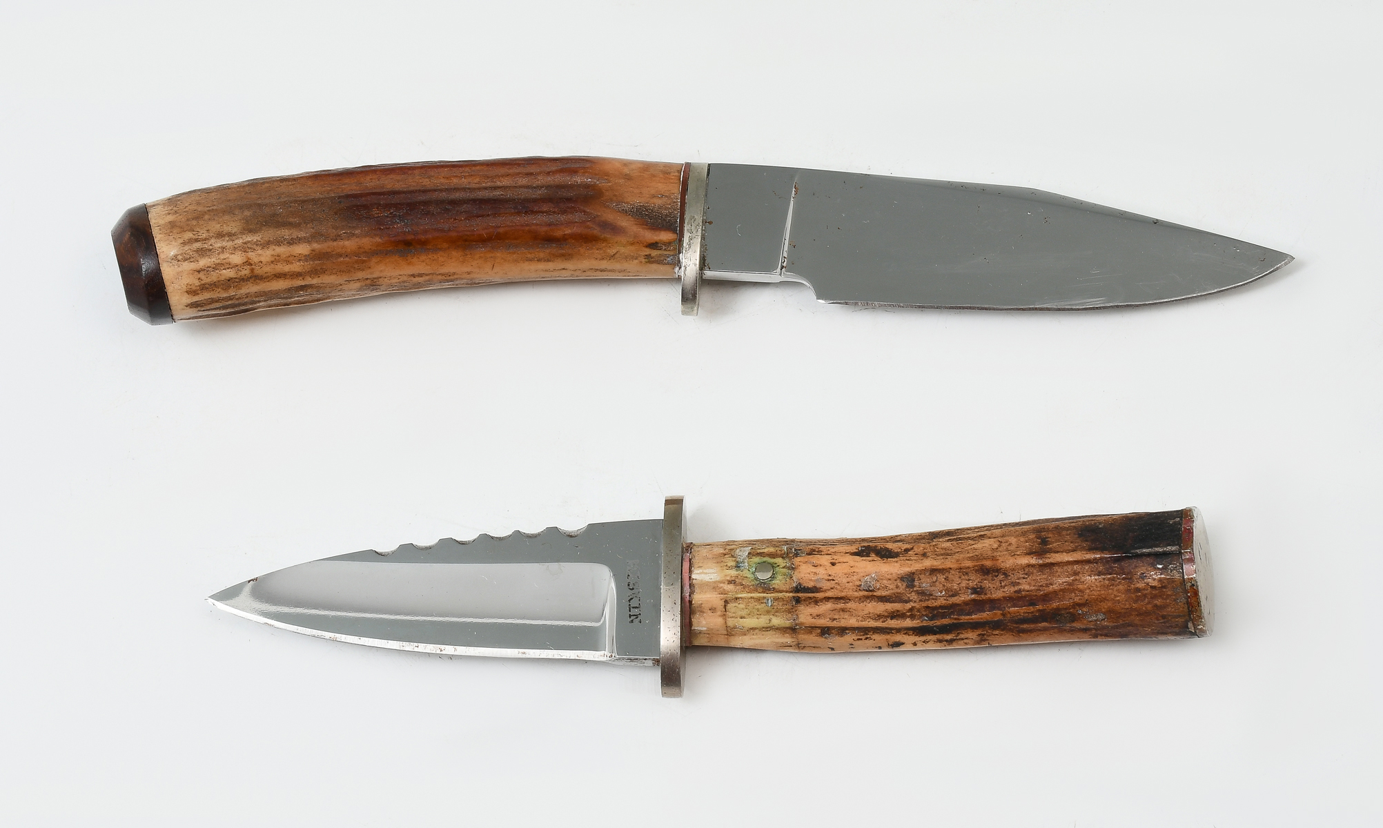 Appraisal: MISKIN FIXED BLADE HORN INLAY KNIVES Knife with horn handle