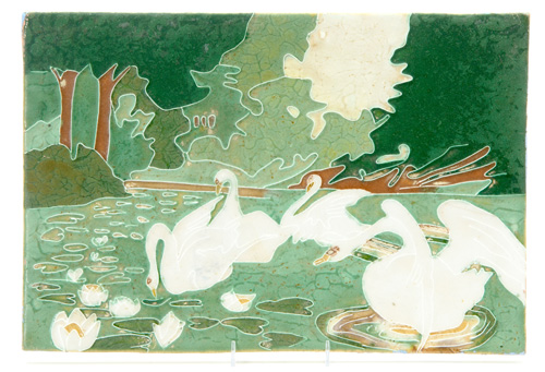 Appraisal: OWENS Large rectagular tile decorated in cuenca with swans on