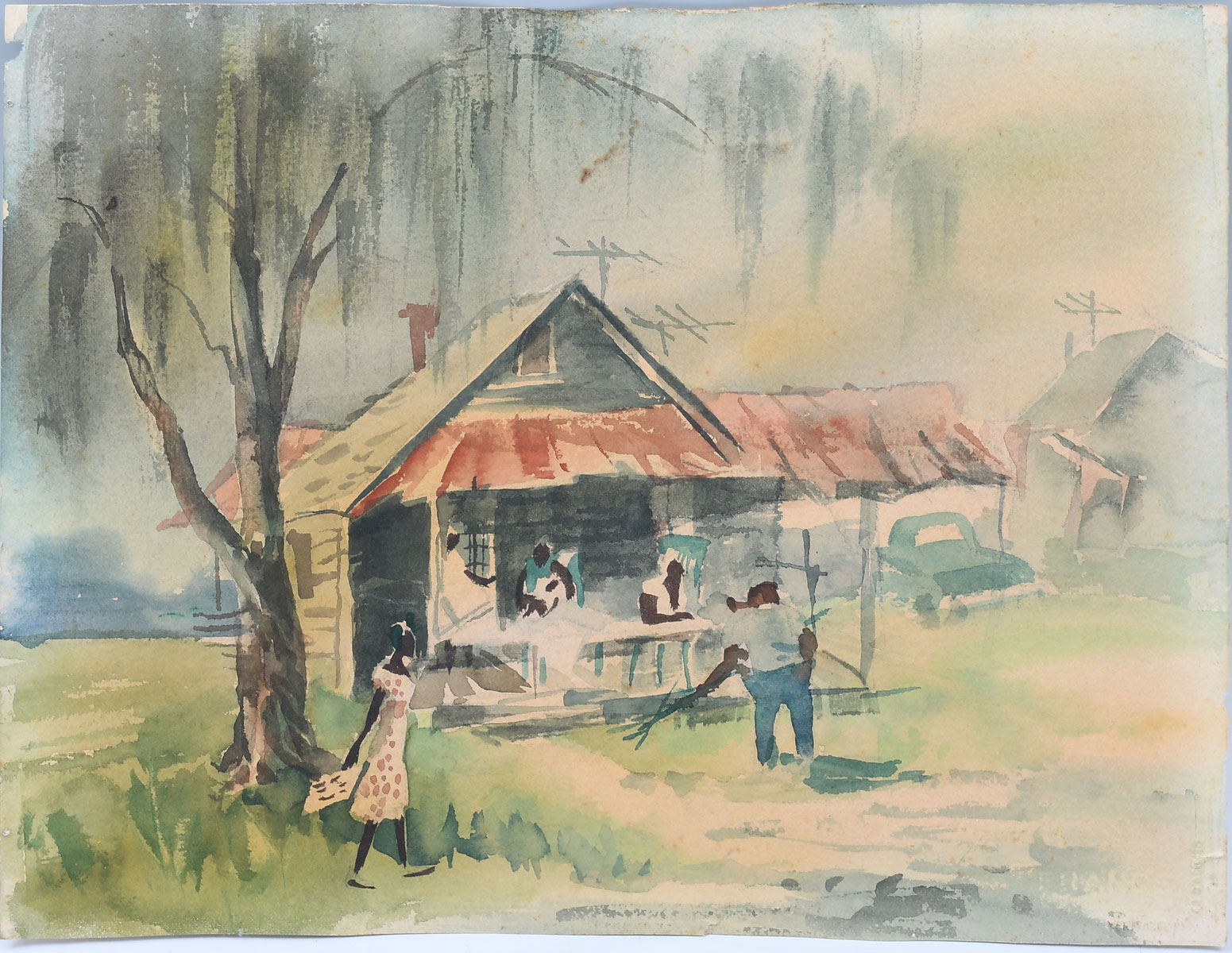 Appraisal: S FLORIDA CABIN PAINTING Depicting an African-American Family Watercolor ''