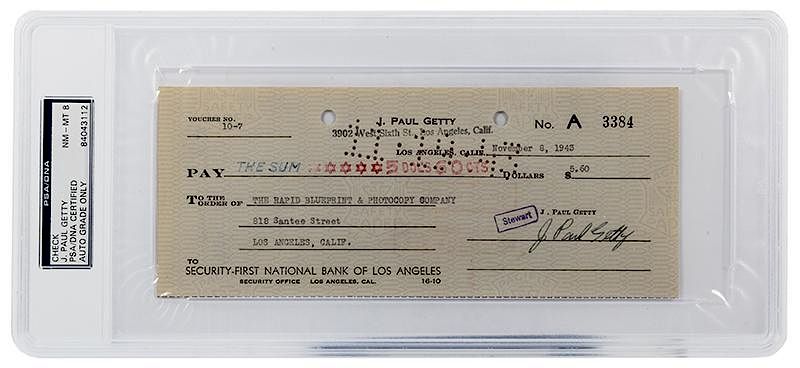 Appraisal: J Paul Getty Signed Check Getty J Paul J Paul