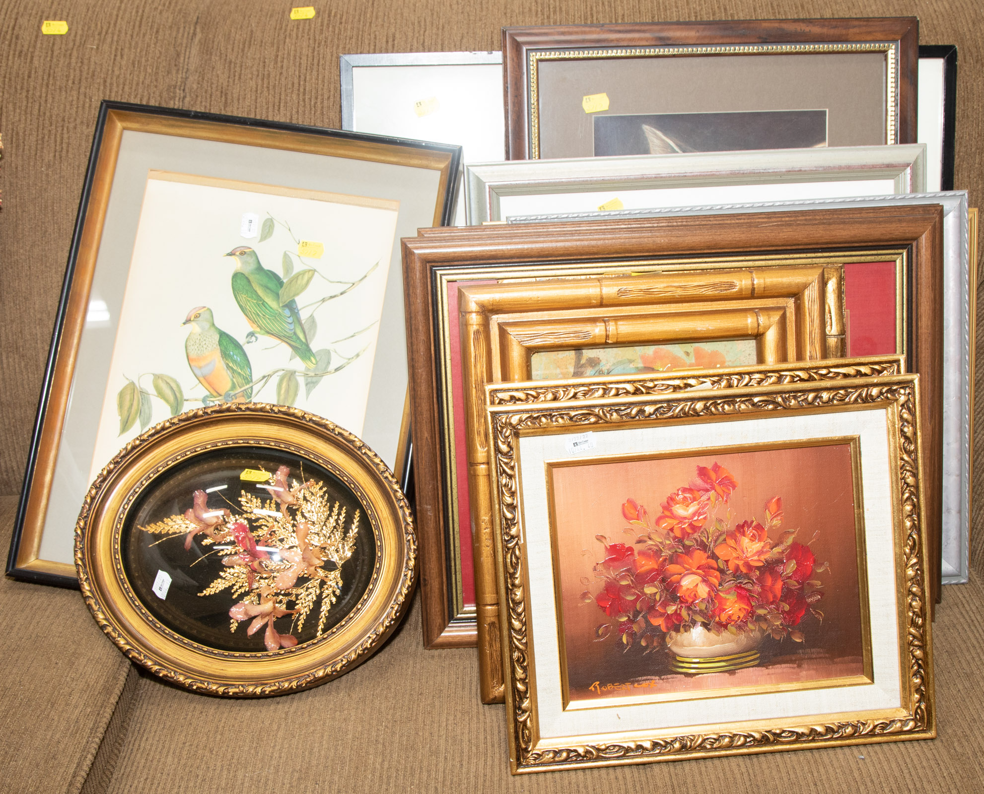 Appraisal: DECORATIVE FRAMED ITEMS ARTWORK Includes two floral still life paintings