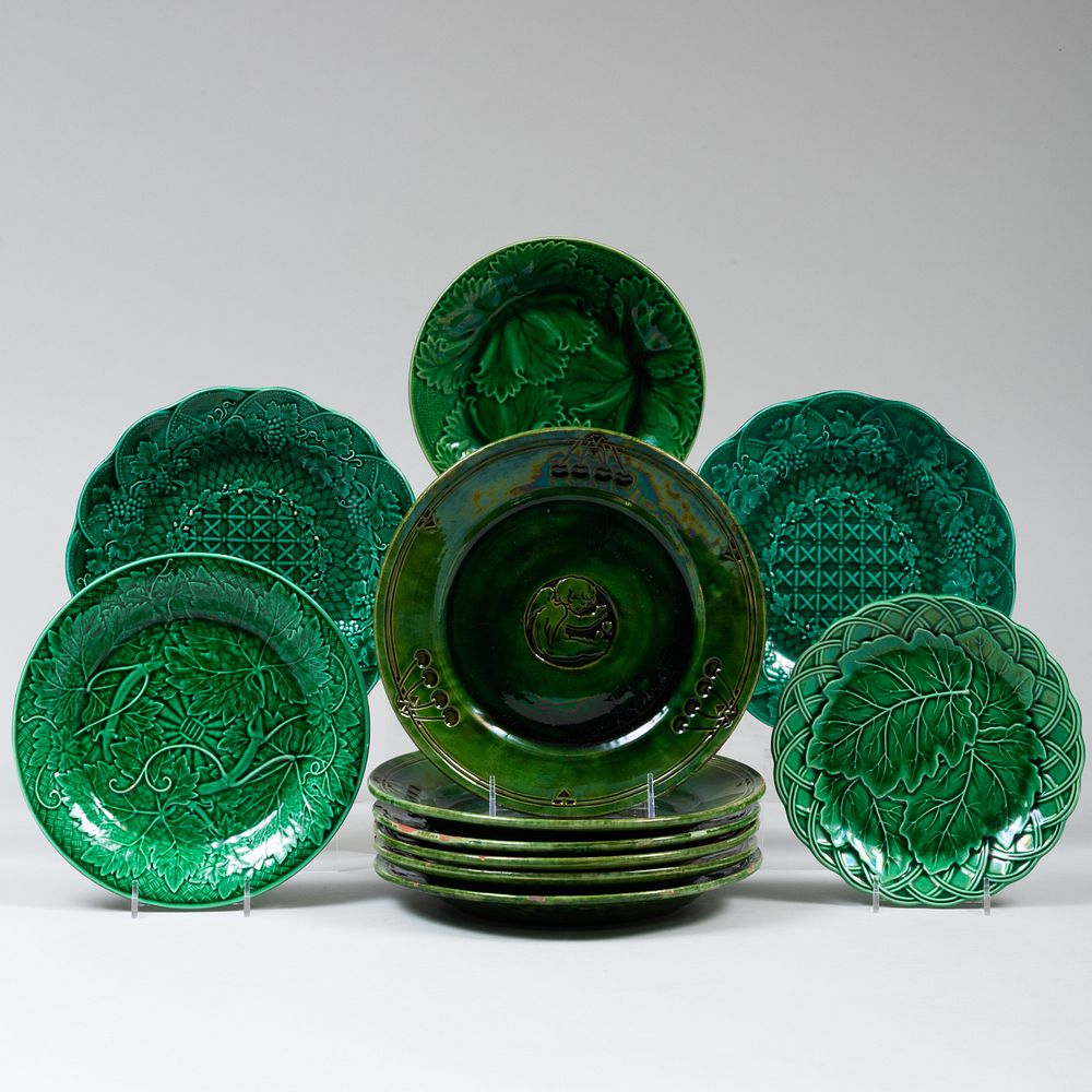 Appraisal: Group of Green Majolica Wares Comprising Set of six arts