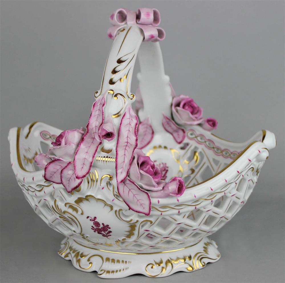 Appraisal: HEREND RASPBERRY BOUQUET PORCELAIN RETICULATED BASKET blue printed mark and