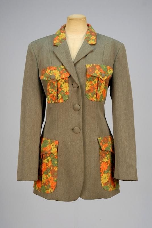 Appraisal: MOSCHINO EMBROIDERED WOOL BLAZER s Grey-green gabardine having collar and