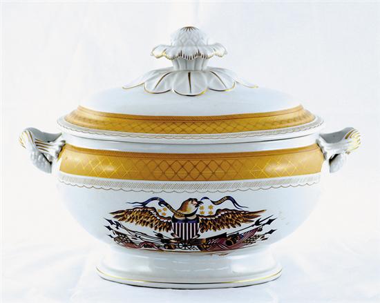 Appraisal: Mottahedeh porcelain commemorative covered tureen fruit finial on ovoid domed