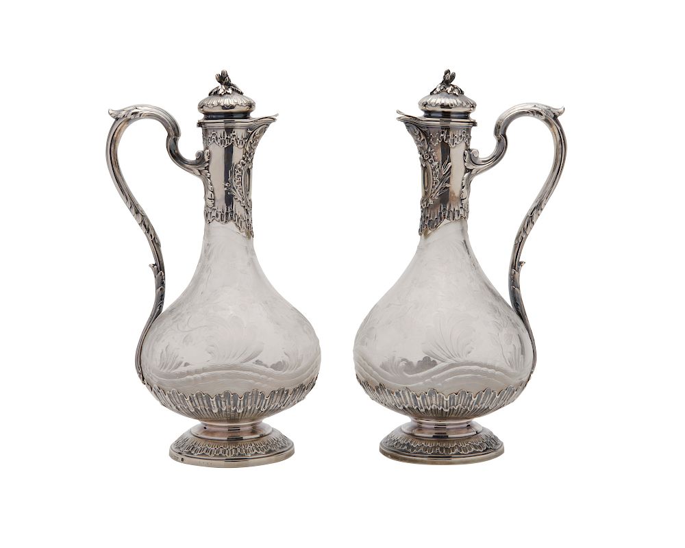 Appraisal: Pair of Silver Mounted Engraved Crystal Claret Jugs GEORGE BOIN