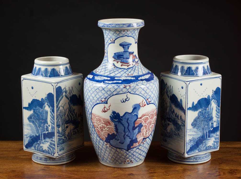 Appraisal: THREE CHINESE PORCELAIN VASES pair of blue and white square