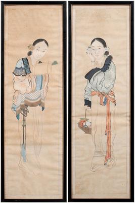 Appraisal: Two Chinese framed scrolls two beauties one reading book one