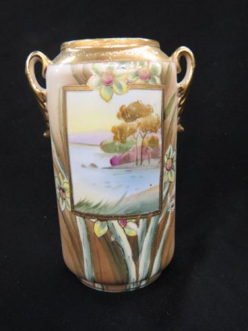 Appraisal: Nippon Porcelain Handpainted Vase panel with landscape with floral surround