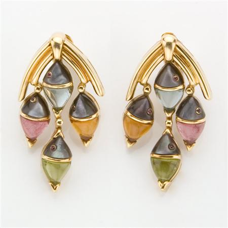 Appraisal: Pair of Gold Mother-of-Pearl Cabochon Colored-Stone and Ruby Fish Pendant-Earclips