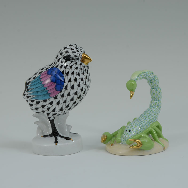 Appraisal: HEREND BLACK FISHNET CHICK KEY LIME SCORPION porcelain figurines by