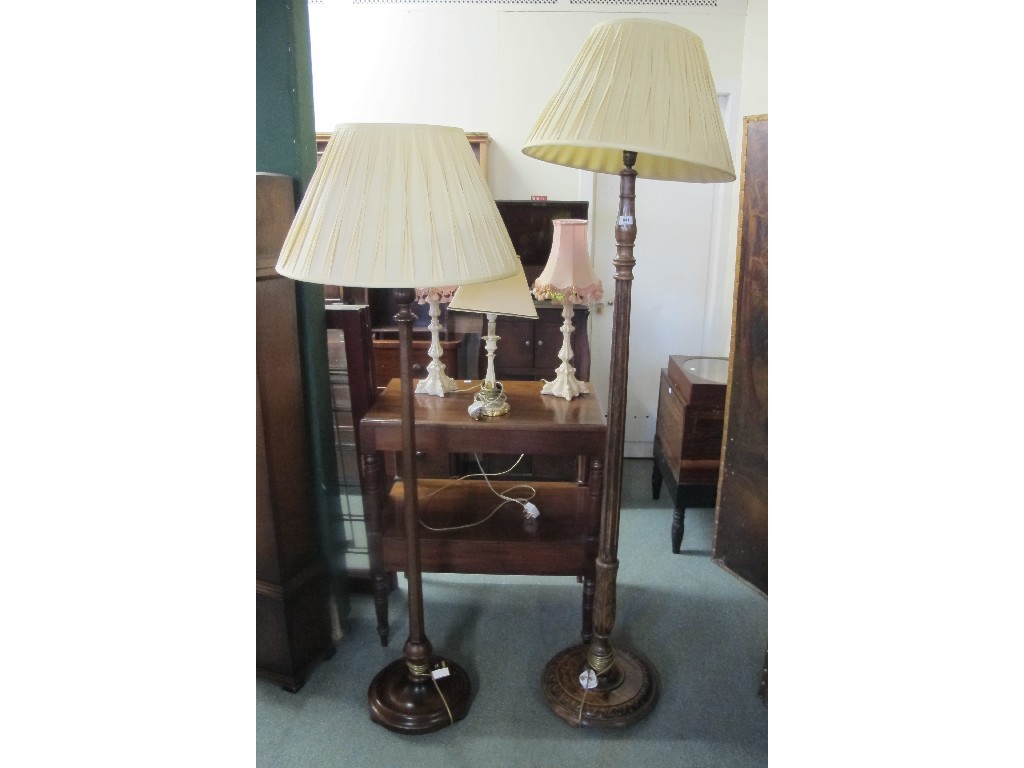 Appraisal: Two mahogany floor lamps with shades and three table lamps