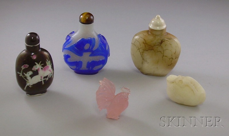 Appraisal: Four Asian Hardstone Items and a Black Porcelain Snuff Bottle