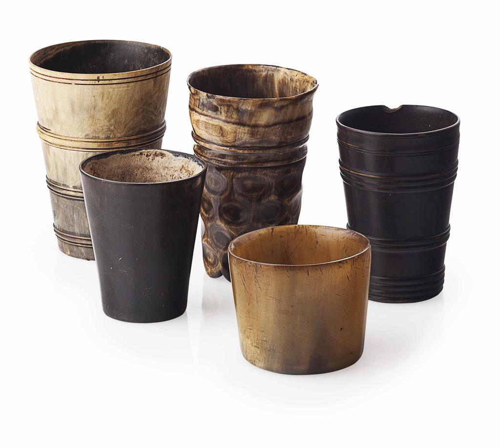 Appraisal: FIVE HORN BEAKERS of traditional form plain and shaped examples