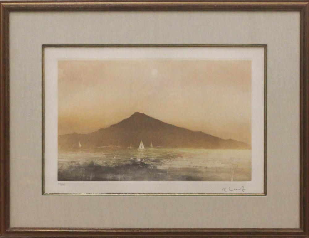 Appraisal: KAIKO MOTI India France - etching sailboats and mountain Signed