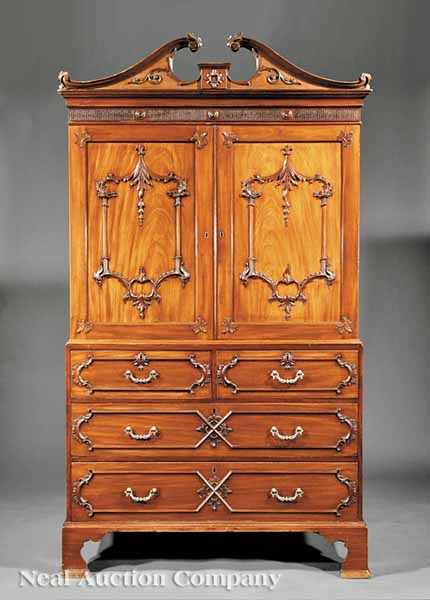 Appraisal: A Good Antique Chinese Chippendale-Style Carved Mahogany Linen Press mid-