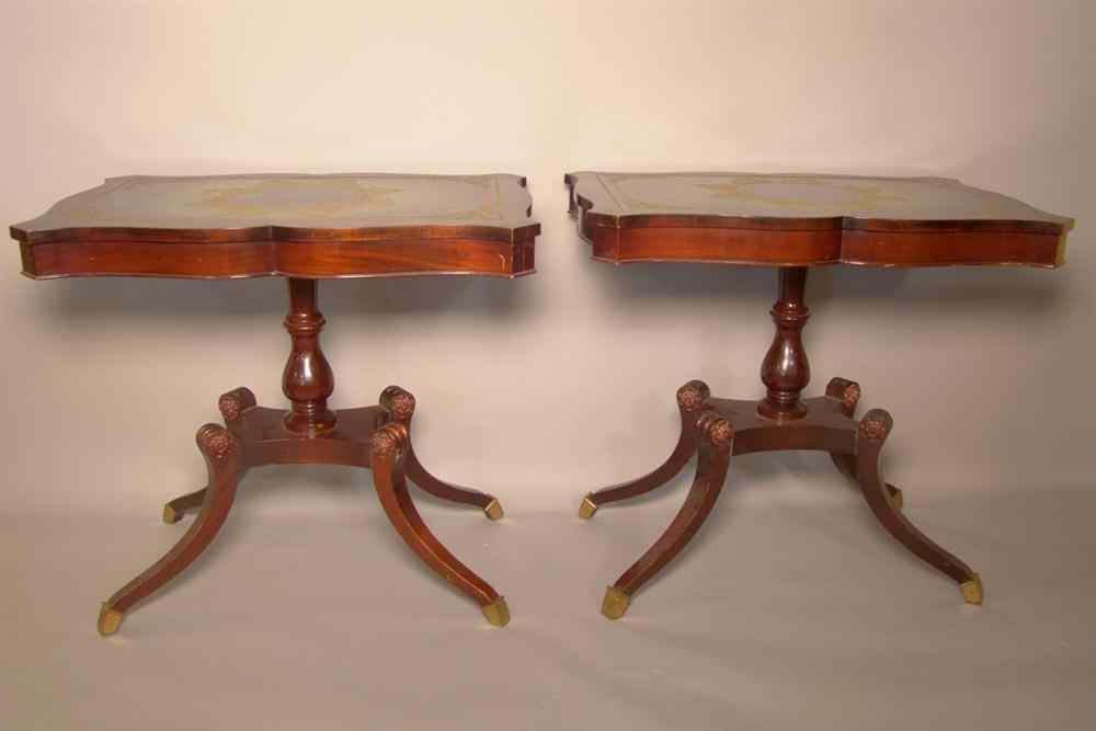 Appraisal: PAIR OF SCALERA REGENCY STYLE GREEN LEATHER INSET SIDE TABLES