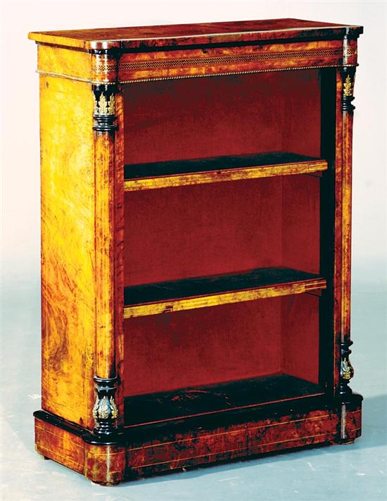 Appraisal: English walnut and burl open bookcase late th century rectangular