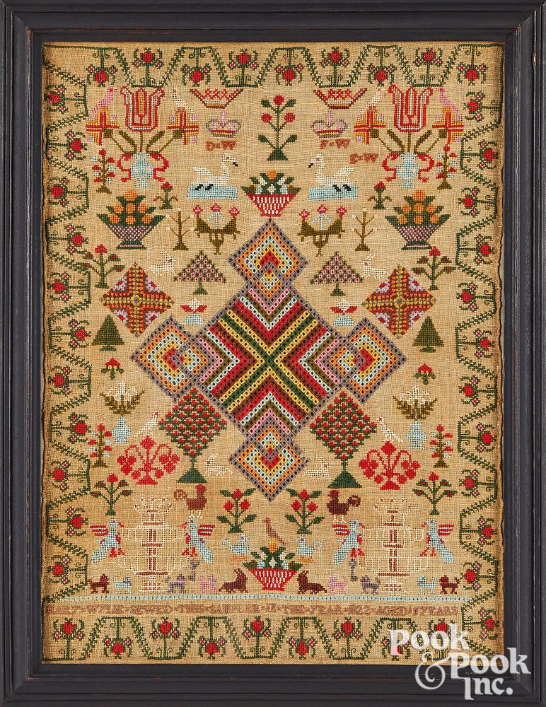 Appraisal: Vibrant English silk on linen sampler dated Vibrant English silk