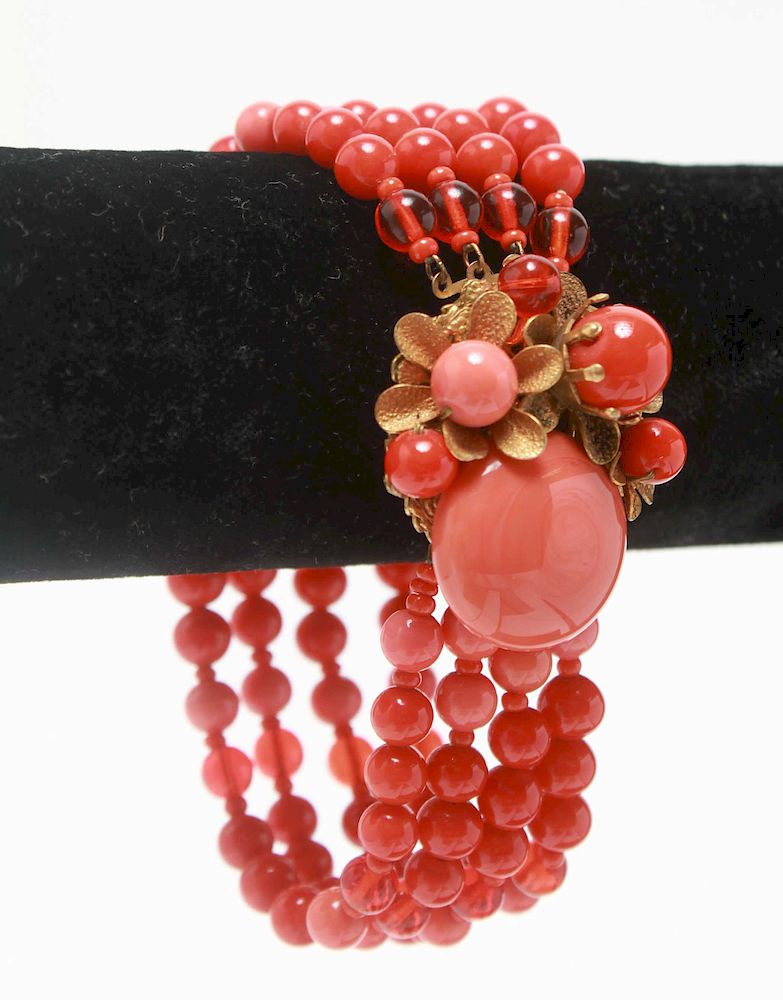 Appraisal: Miriam Haskell Faux Coral Glass Beaded Bracelet Miriam Haskell costume