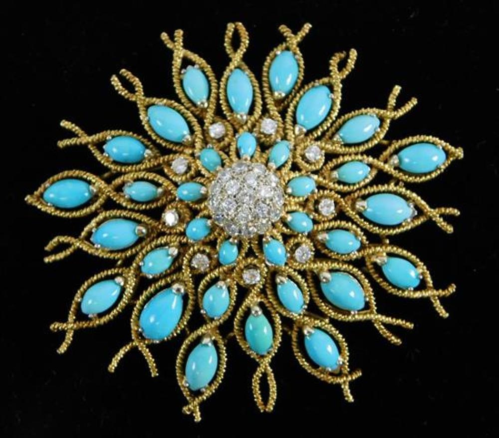 Appraisal: JEWELRY K Turquoise and Diamond Brooch floral motif brooch stamped