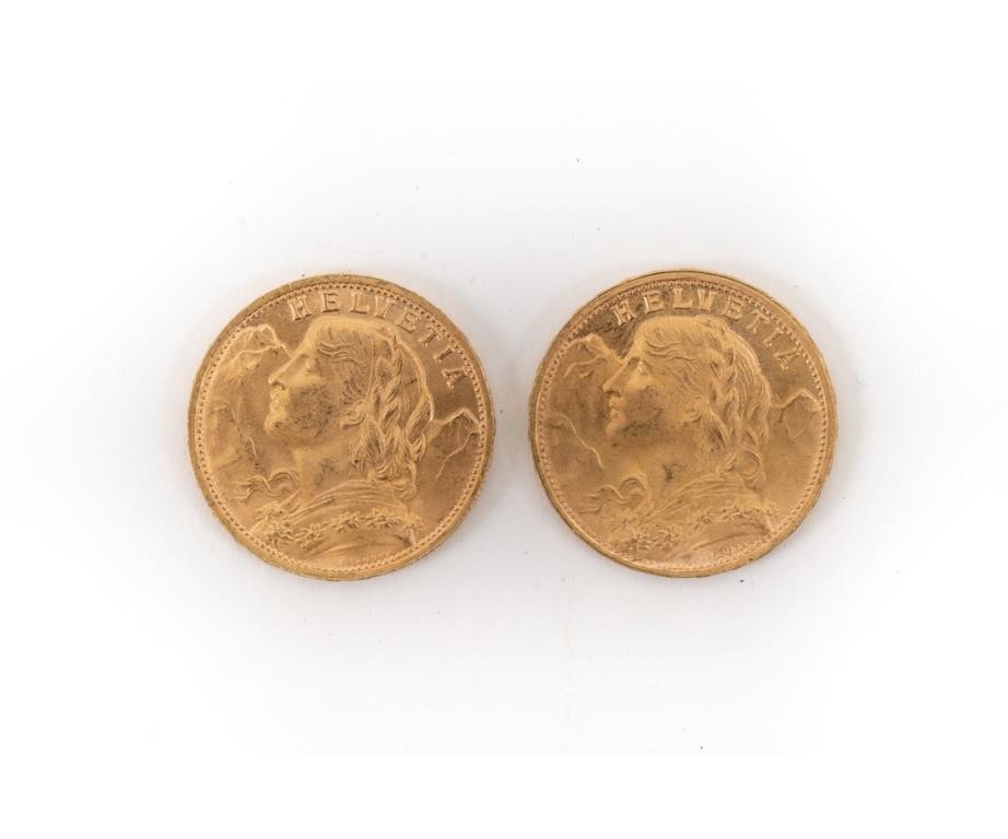 Appraisal: Two B gold franc Swiss Helvetia France coins