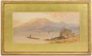 Appraisal: William Henry Earp Watercolor Landscape w Boater William Henry Earp