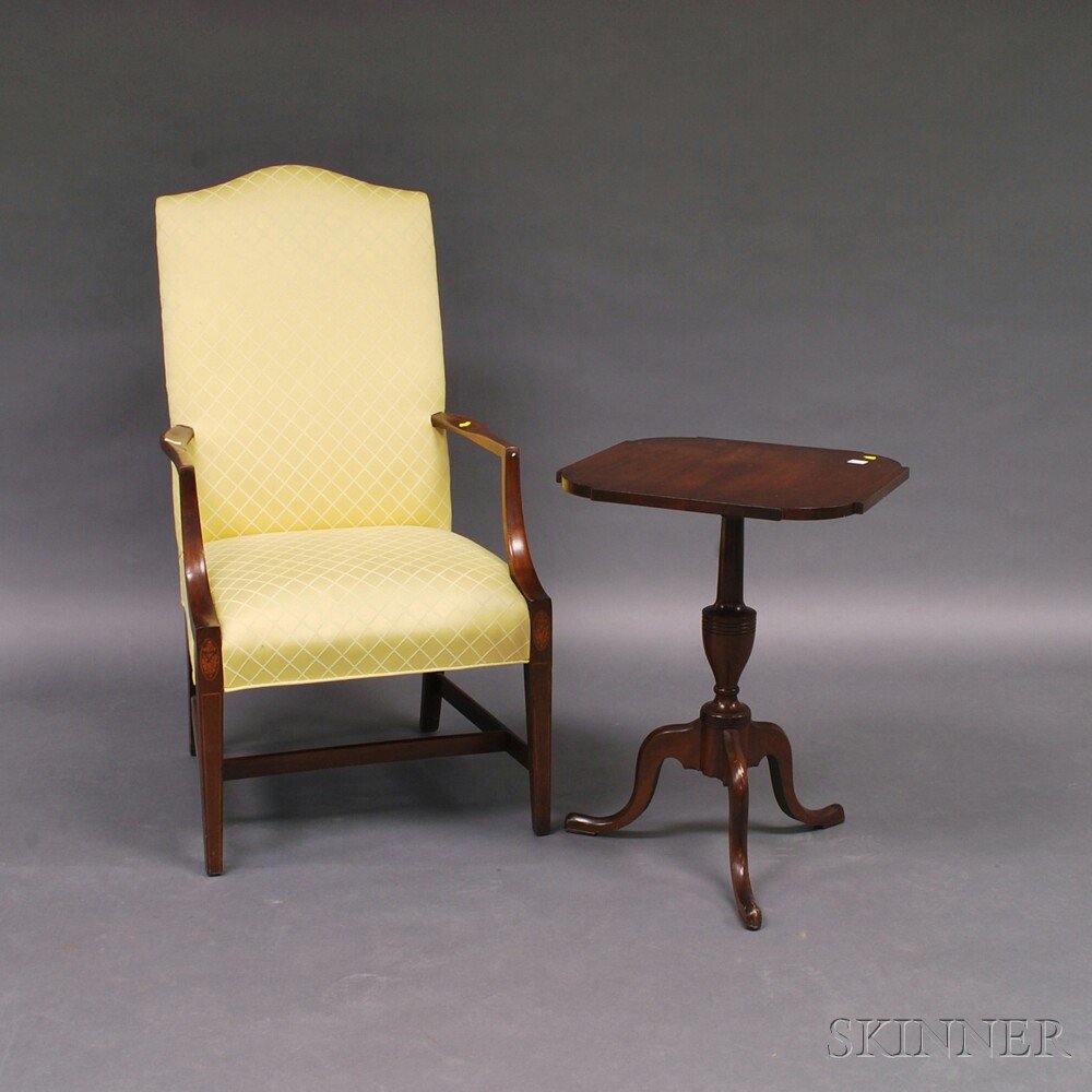 Appraisal: Federal-style Inlaid Lolling Chair and Candlestand the chair with serpentine