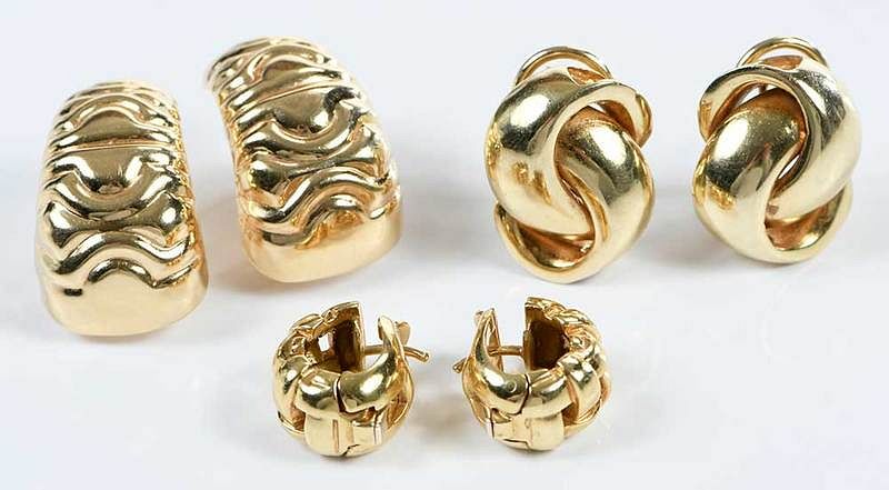 Appraisal: Three Pairs Gold Earrings Including Tiffany woven design stamped T