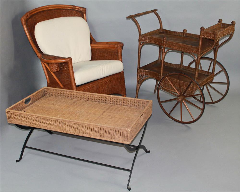 Appraisal: AN AMERICAN WICKER AND METAL BAR CART AND WICKER ROCKING