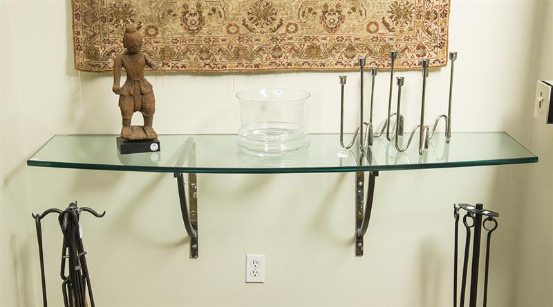 Appraisal: CONTEMPORARY WROUGHT-IRON AND GLASS-TOP WALL-MOUNTED CONSOLE x x in Property