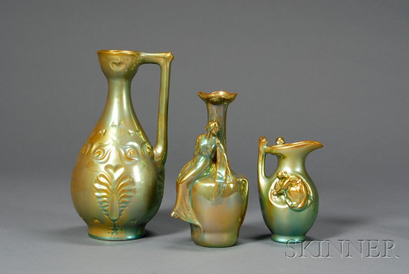 Appraisal: Three Zsolnay Green Eosin Jugs Hungary th century comprising a