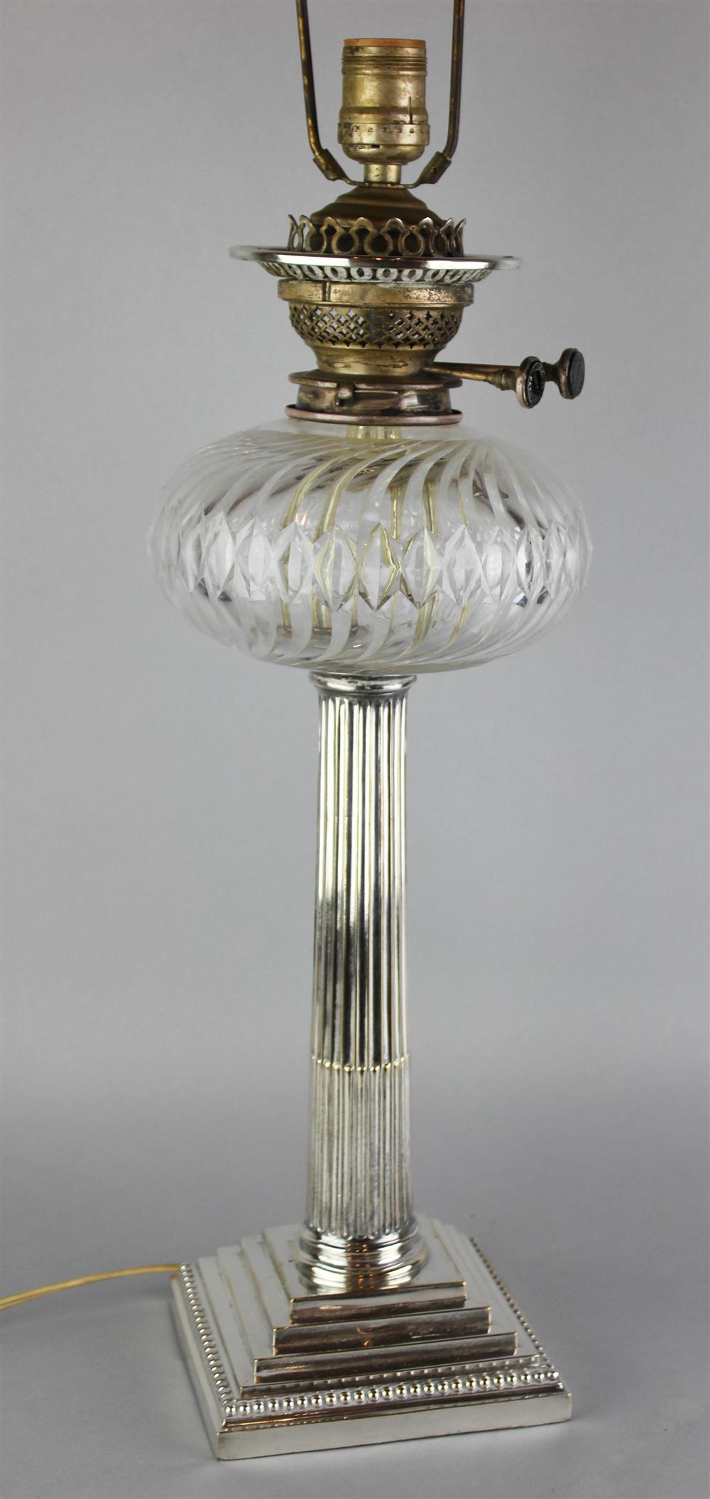 Appraisal: ENGLISH SHEFFIELD PLATED COLUMNAR OIL LAMP mid-to-late th Century the